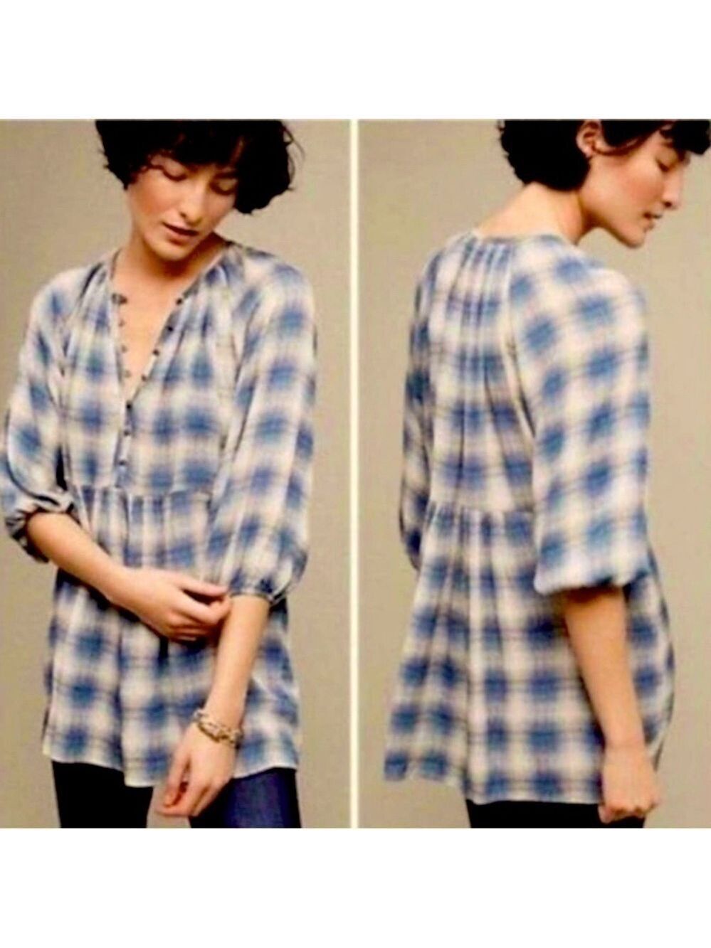 Anthropologie Maeve Calavon Plaid Print Tunic dress top Women’s SM SO SOFT!